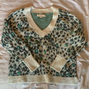 LOFT V-Neck Leopard Print Sweater - Cream and Green
